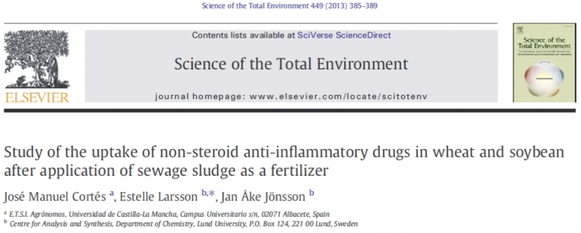 Study of the uptake of non-steroid anti-inflammatory drugs in wheat and soybean after application of sewage sludge as a fertilizer
