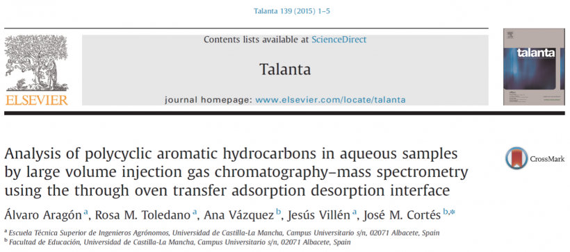 Analysis of polycyclic aromatic hydrocarbons in aqueous samples by large volume injection gas chromatography–mass spectrometry using the through oven transfer adsorption desorption interface.